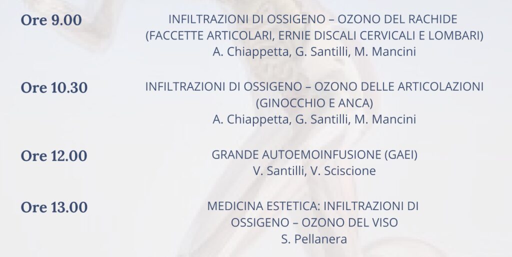 CORSO TEORICO-PRATICO DI OSSIGENO OZONO NELLE PATOLOGIE MUSCOLO – SCHELETRICHE E IN MEDICINA ESTETICA